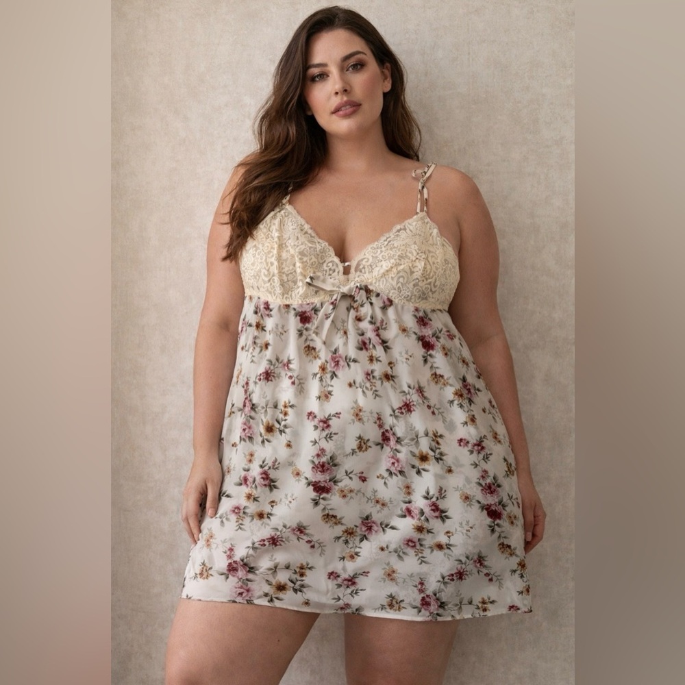 Vintage 1990s Victoria's Secret Open Heart Floral Lace Babydoll Nightie Sz XL